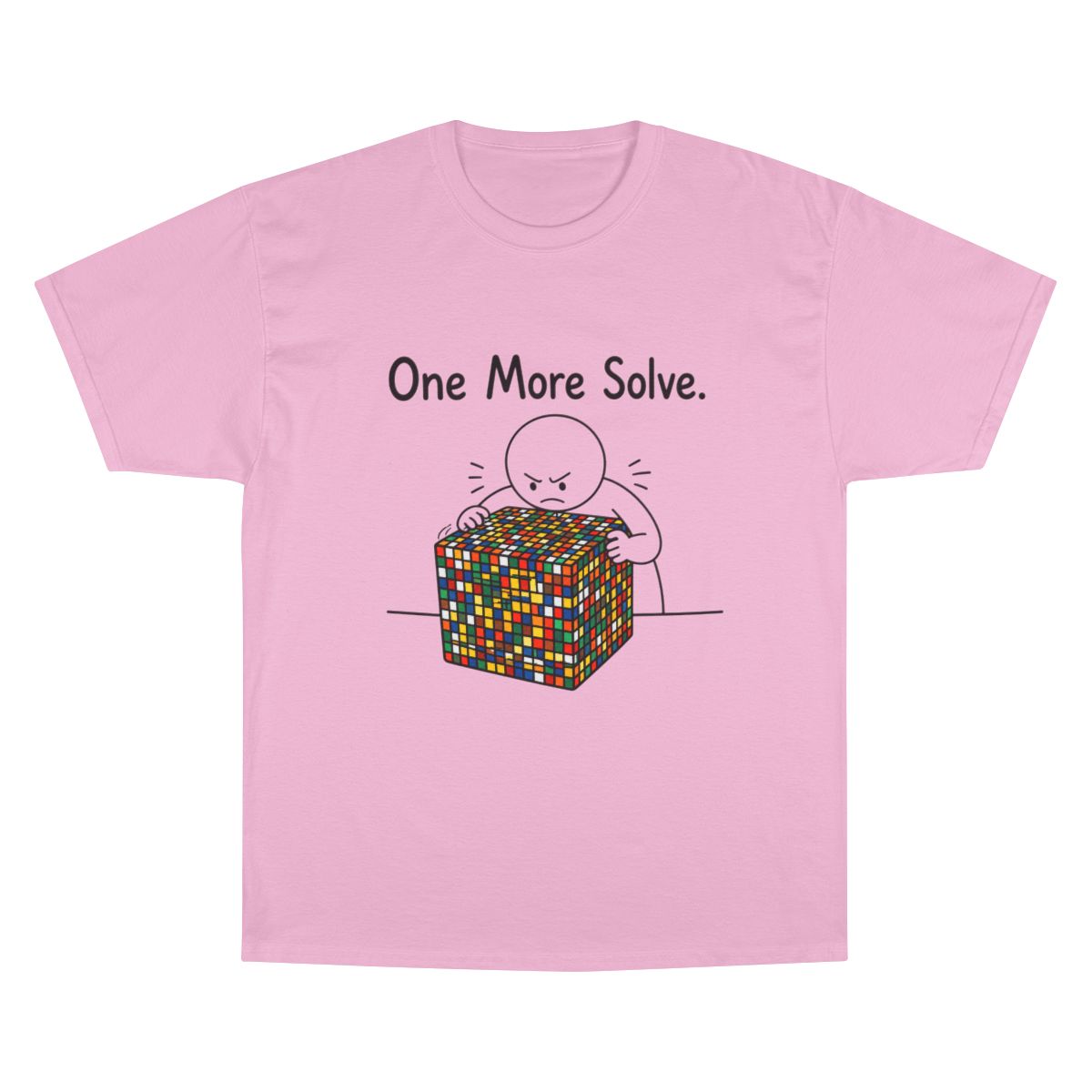 Rubik's Cube solver t-shirt — front shows One More Solve, back shows 3 hours later meltdown